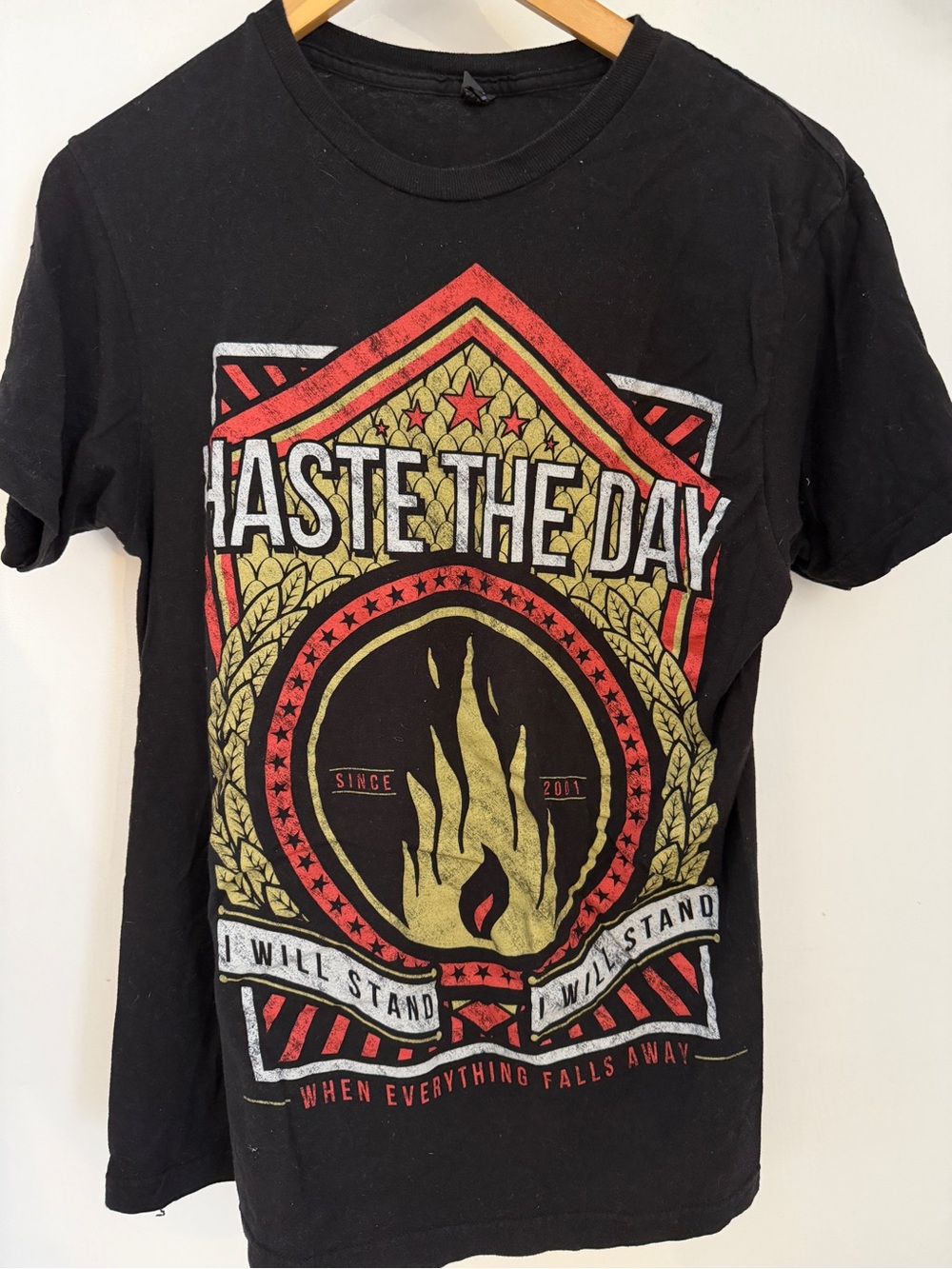‘Haste The Day’ Black Graphic Band Tee with Red & Gold Crest